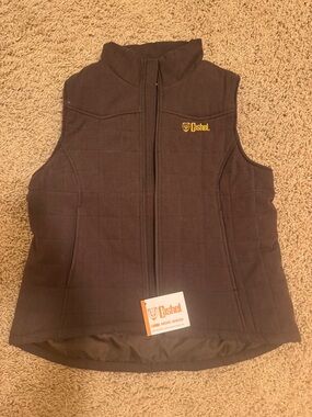 Ladies Cashel Quilted Vest in Dark Brown with Yellow Logo